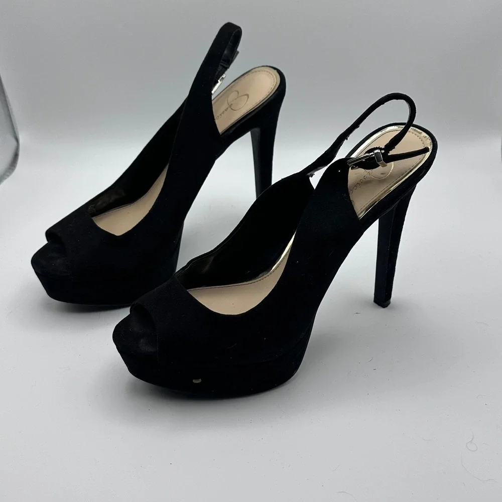 Jessica Simpson Womens Black Suede‎ Platform Slingback Peep Toe Heells